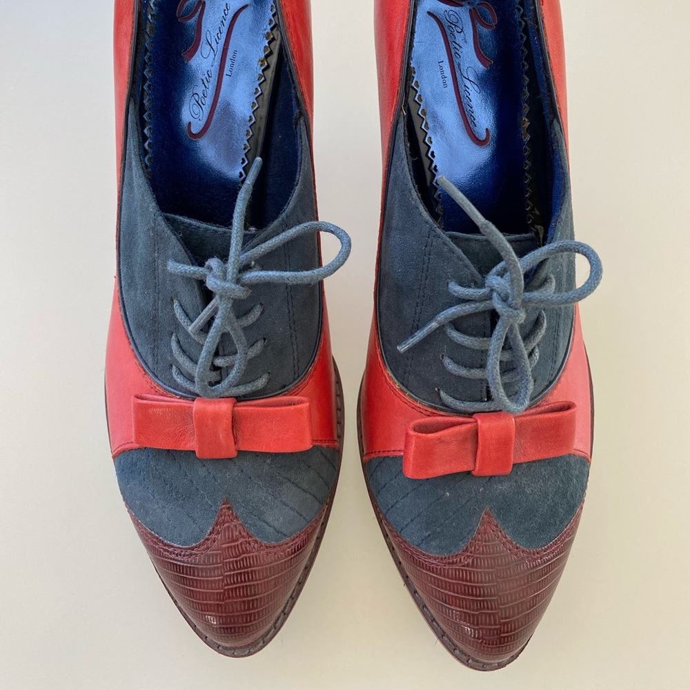 Anthropologie Red and Navy Mixed-Media Wedge Oxfords